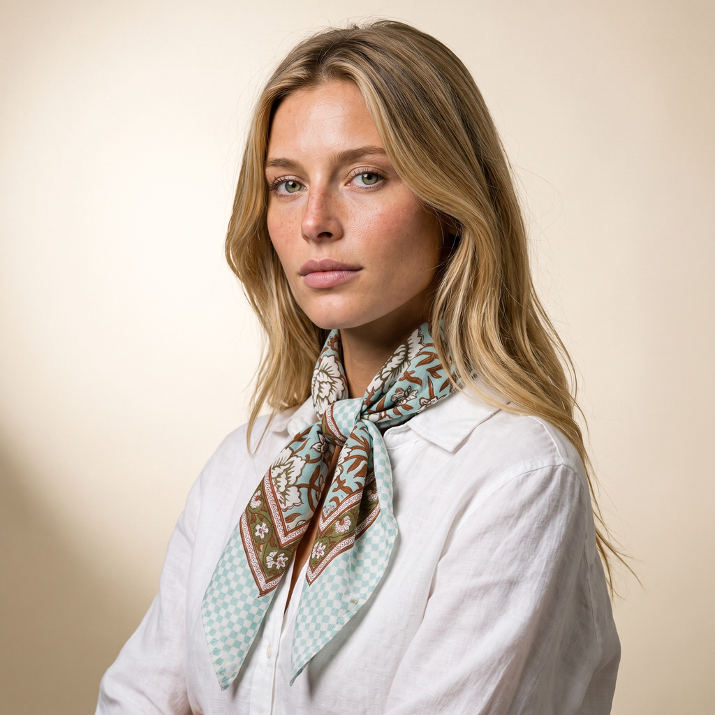 Foulard Sarita porté : coton blockprint vert d’eau noué au cou, sur une chemise de lin blanche