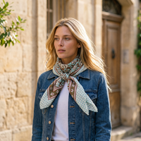 Foulard Sarita porté en extérieur, noué au cou avec une veste en jean