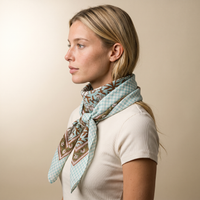 Foulard Sarita vu de profil, noué au cou sur un t-shirt écru
