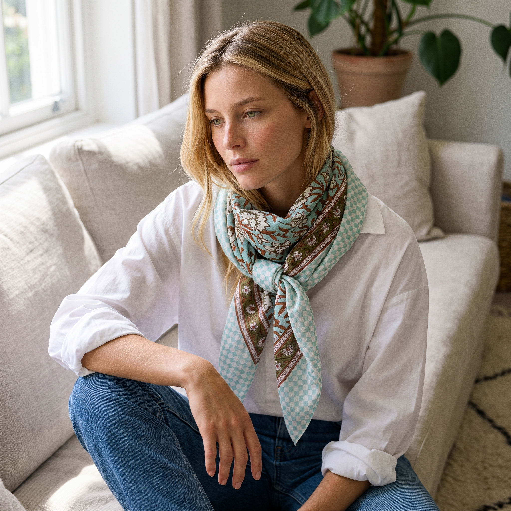 Foulard Sarita porté dans un intérieur, noué au cou sur une chemise blanche