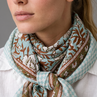 Détail du blockprint du foulard Sarita : trame du coton, bordure rust et olive, fleurs blanches