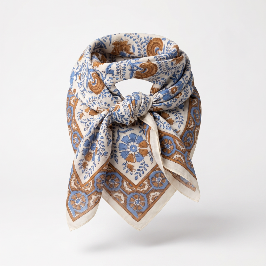 Foulard Nabha noué : coton blockprint crème, fleurs bleues et caramel, bordure fleurie
