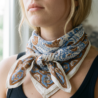 Détail du blockprint du foulard Nabha : trame du coton, fleurs bleues et caramel, bordure brune