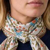 Détail du blockprint du foulard Vatika : trame du coton, fleurs turquoise et corail