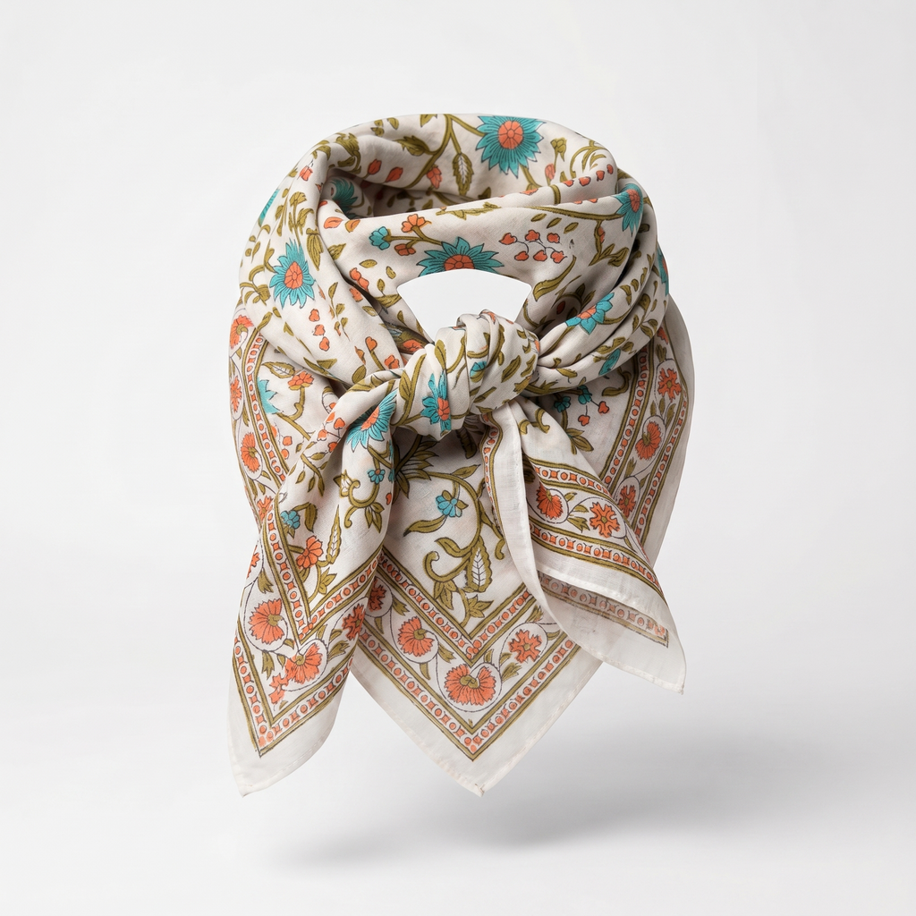 Foulard Vatika noué : coton blockprint blanc, fleurs turquoise et corail, feuillage olive