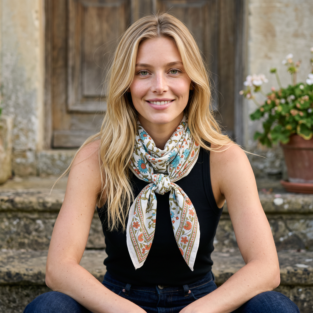 Foulard Vatika porté de face sur un perron, noué au cou sur un débardeur noir