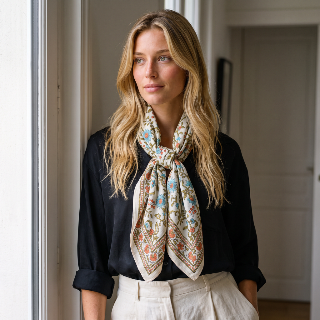 Foulard Vatika porté près d’une fenêtre, noué au cou sur une chemise noire