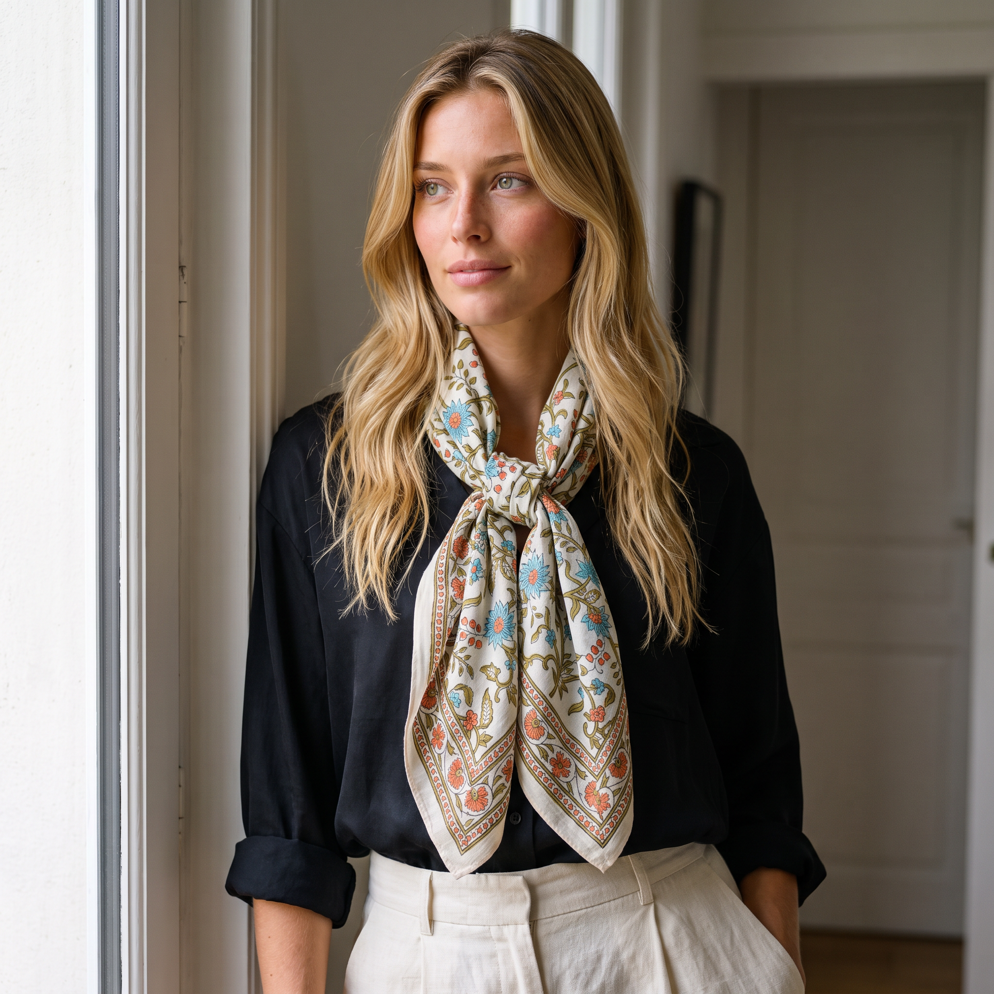 Foulard Vatika porté près d’une fenêtre, noué au cou sur une chemise noire