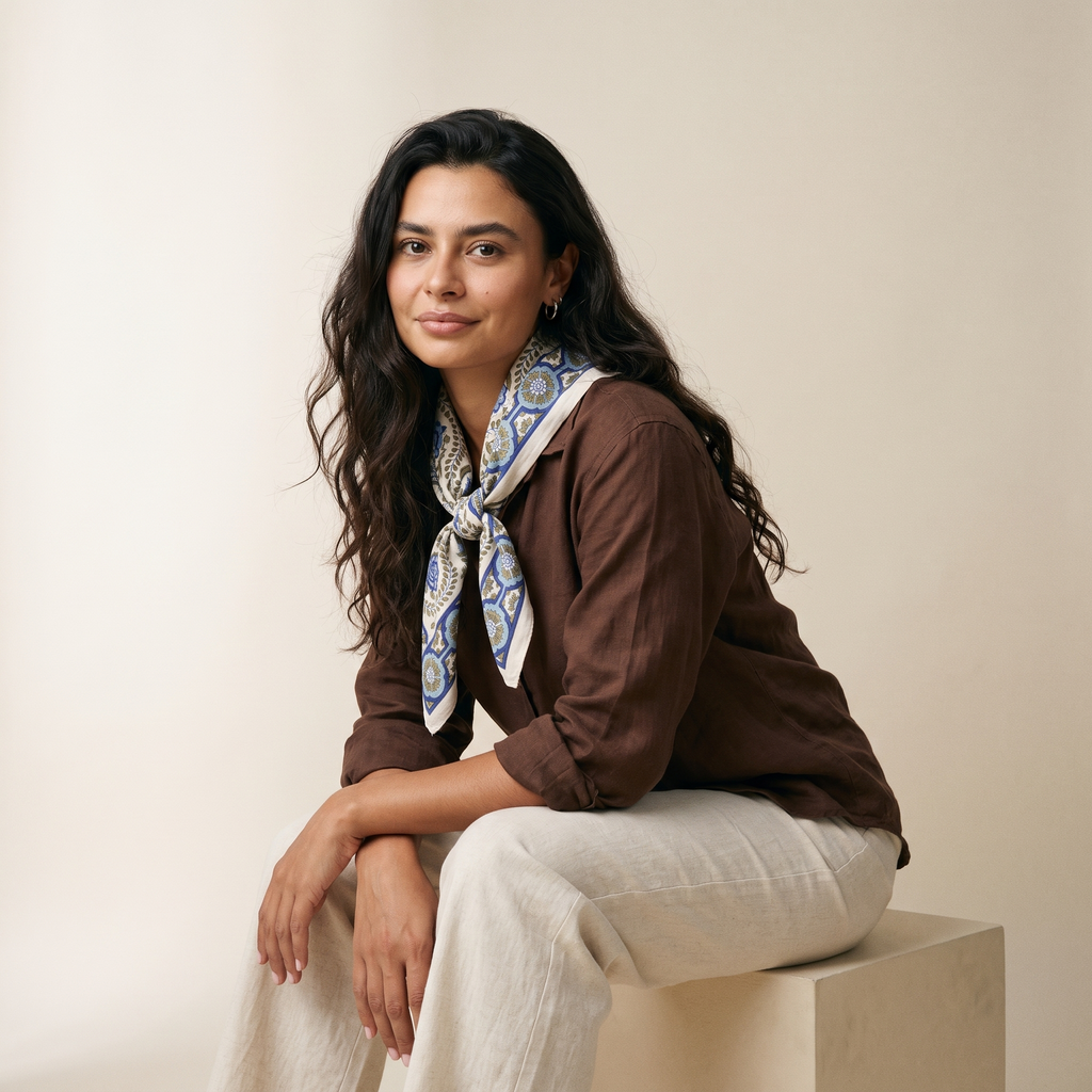 Foulard Chandni porté : noué au cou sur une chemise brune, lianes olive et fleurs bleues sur écru