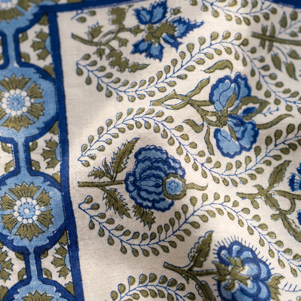 Détail du blockprint du foulard Chandni : trame du coton, lianes olive et fleurs bleu roi