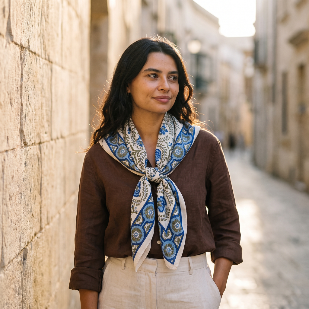 Foulard Chandni porté en extérieur, noué au cou dans une rue de pierre