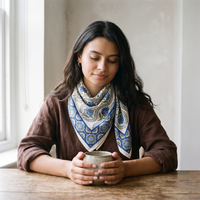 Foulard Chandni porté dans un intérieur, noué au cou à une table de bois