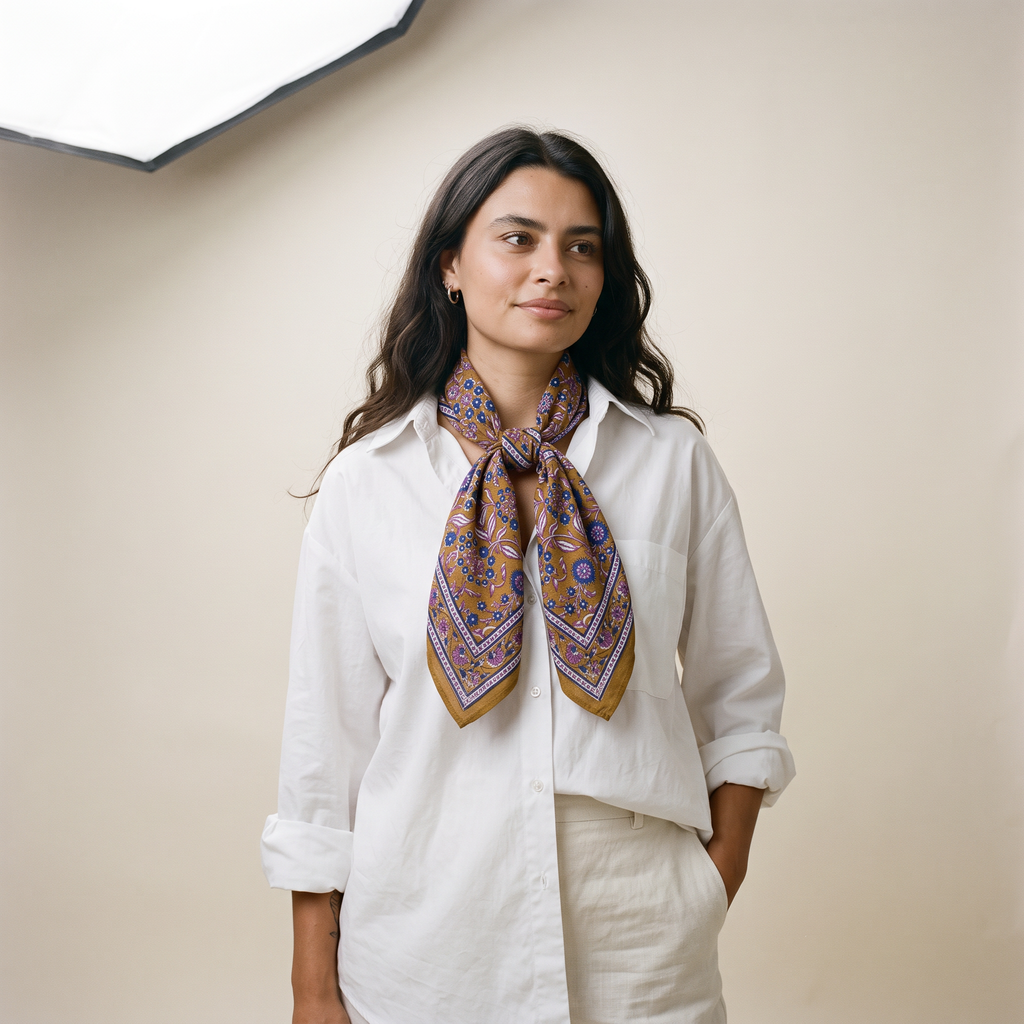Foulard Sona porté : noué au cou sur une chemise blanche, fleurs violettes sur ocre