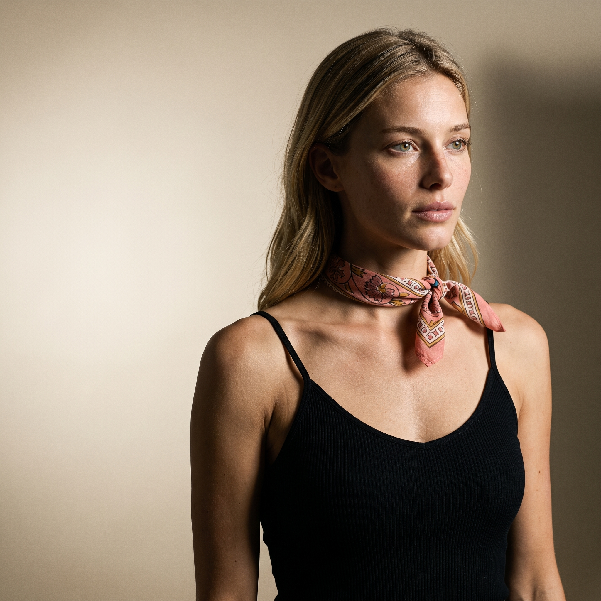 Petit foulard Usha porté roulé en fine bande à la base du cou, nœud lâche sur la clavicule, sur un débardeur noir