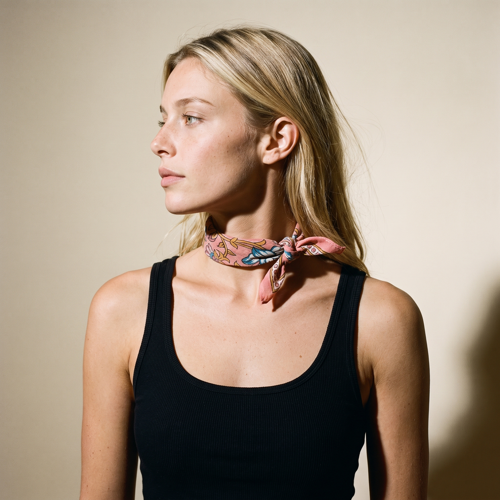 Petit foulard Usha vu de profil : la fine bande roulée reste dégagée du cou, nœud bas sur la clavicule