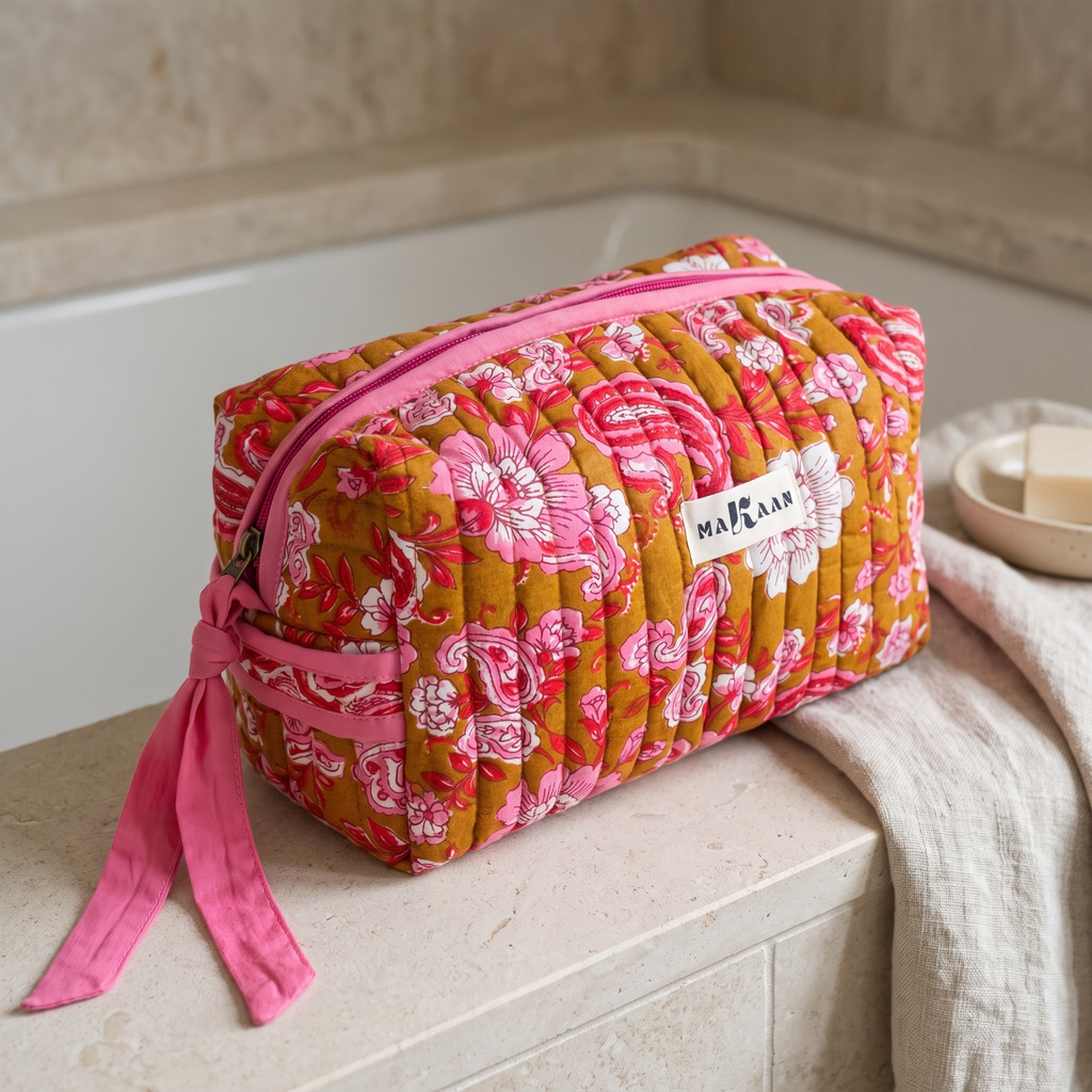 Trousse Anjali posée sur une étagère de salle de bain en pierre claire, ruban noué