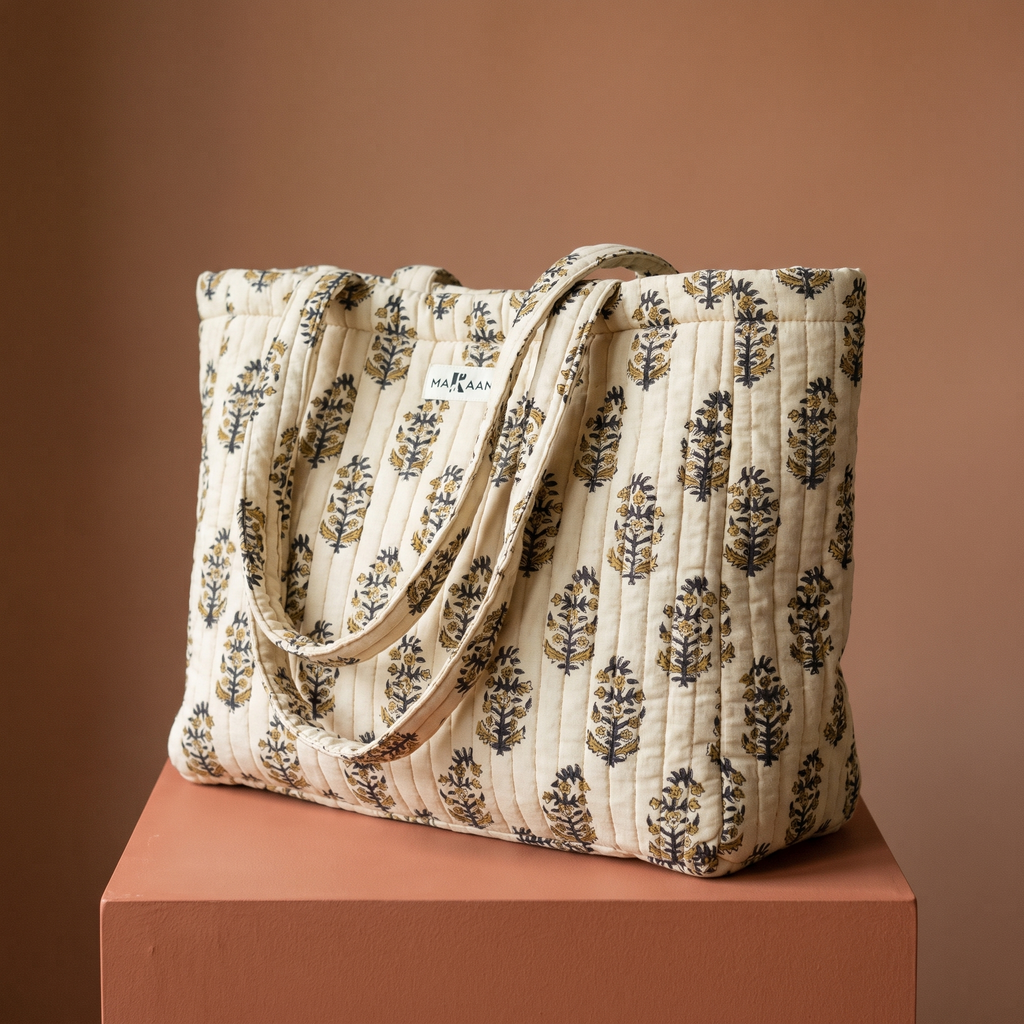 Cabas Chandan en coton matelassé : grand sac blockprint à buti noir et miel sur écru, deux anses en tissu imprimé, posé sur un socle