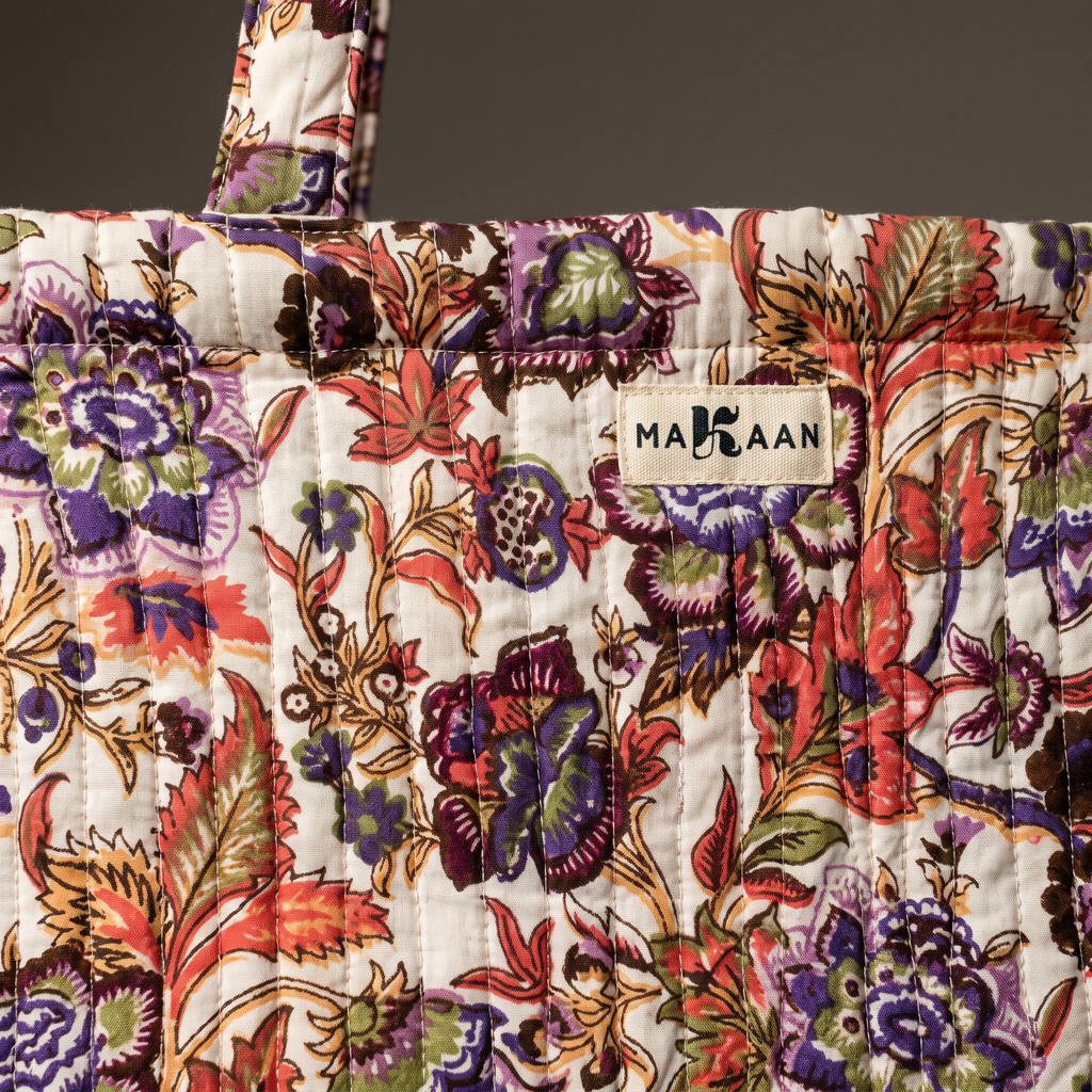 Détail du blockprint du cabas Gulzar : fleurs prune, corail et feuillage olive sur crème, piqûres du matelassage et étiquette Makaan