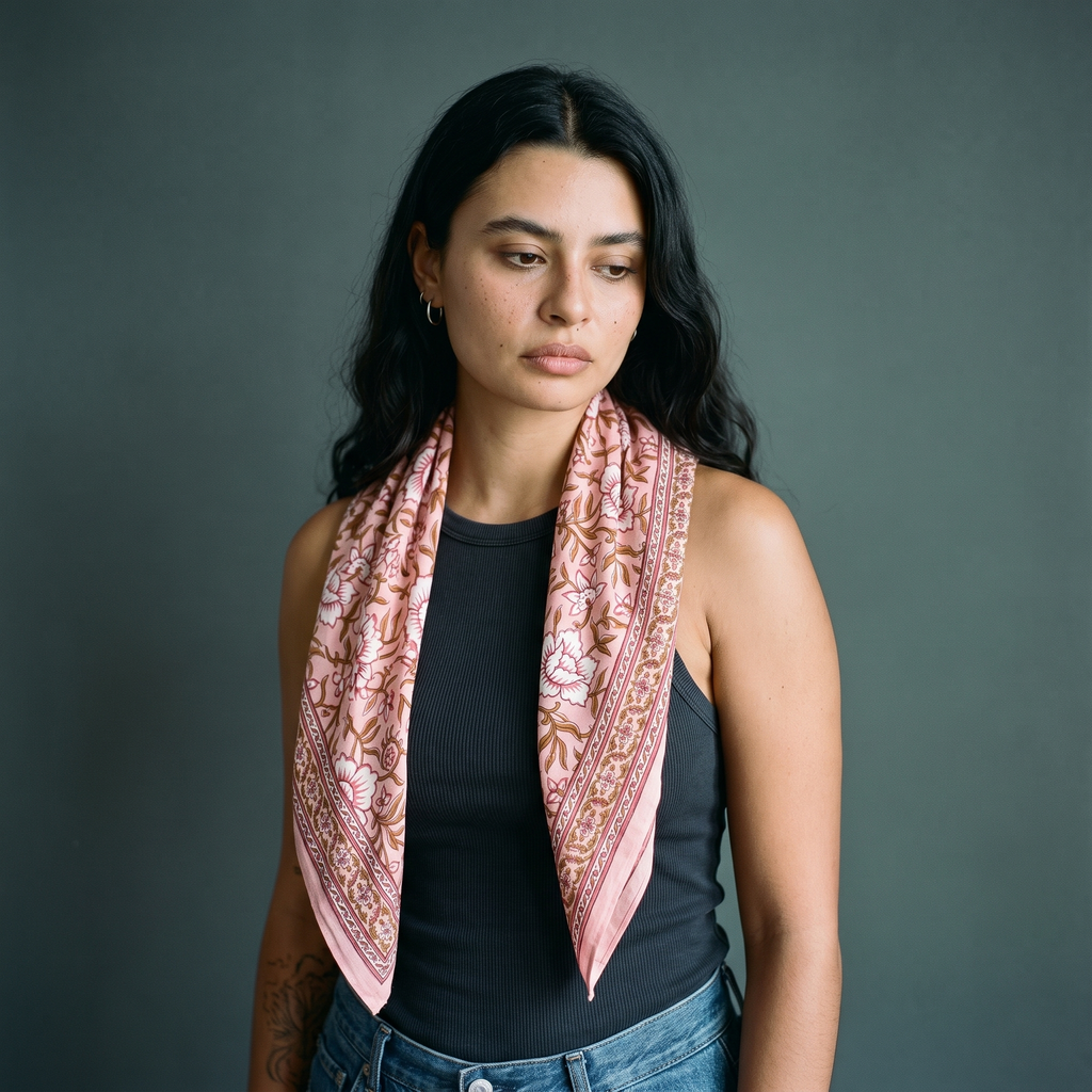 Foulard Bagru Blush porté drapé sur les épaules, sans nœud, cou dégagé, sur un débardeur côtelé anthracite