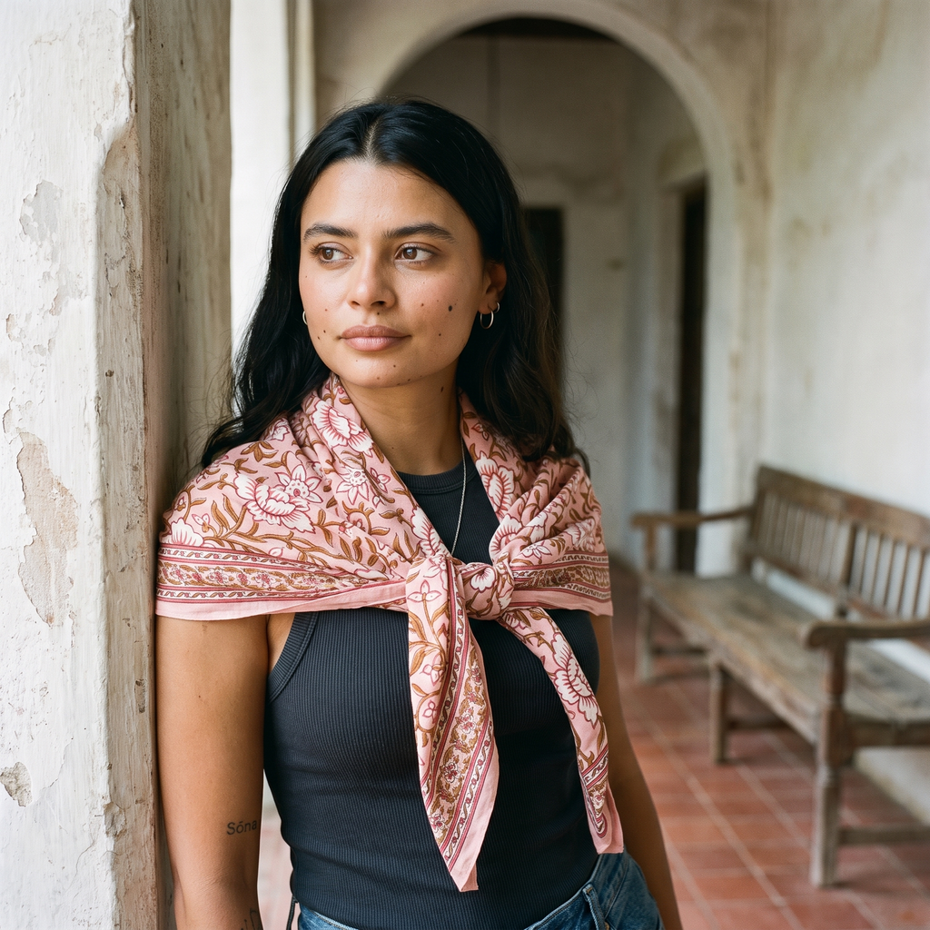 Foulard Bagru Blush porté avec un nœud lâche bas sur la poitrine, sous une arcade de plâtre au sol de tomettes