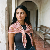Foulard Bagru Blush porté avec un nœud lâche bas sur la poitrine, sous une arcade de plâtre au sol de tomettes