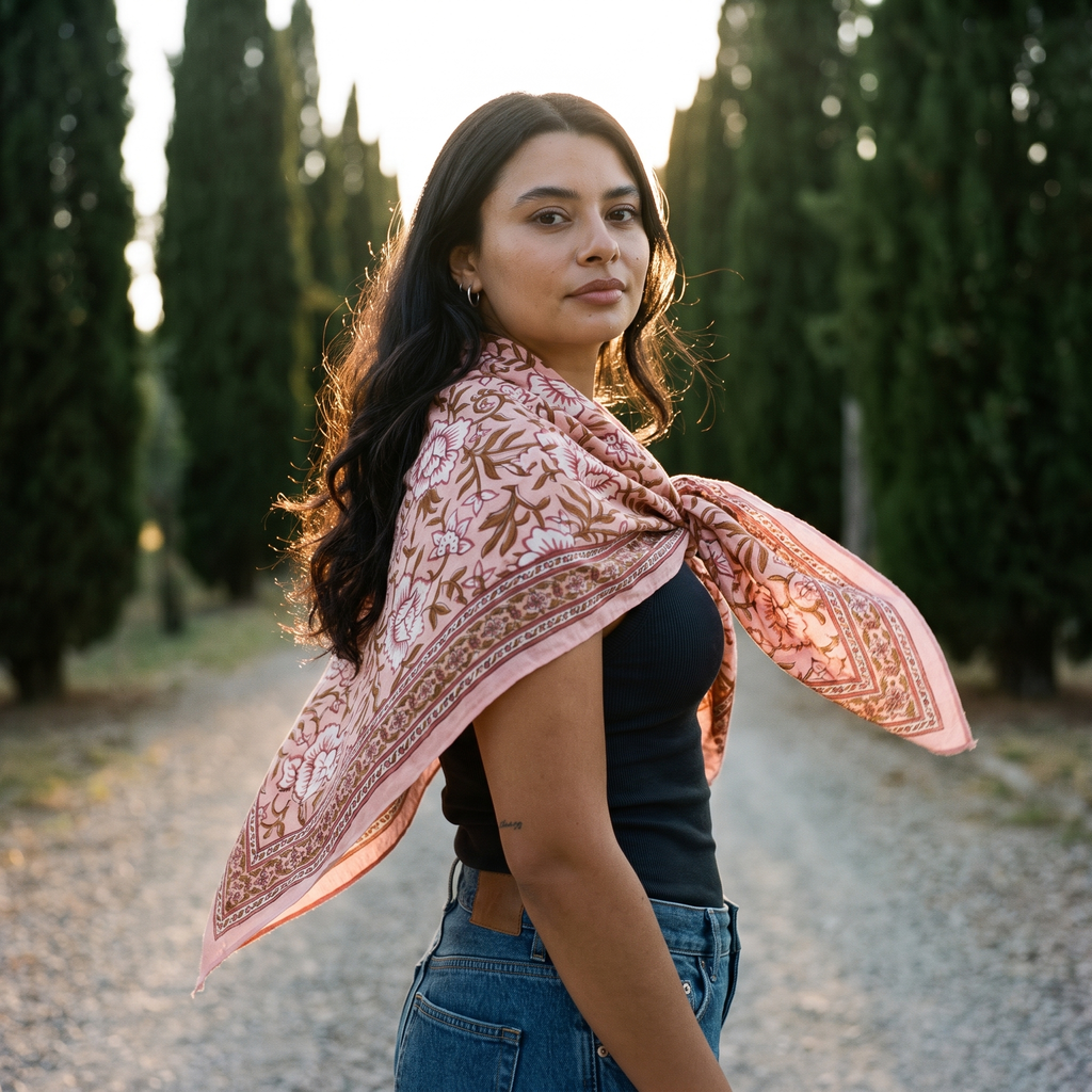 Foulard Bagru Blush porté en châle ouvert, un pan soulevé par le vent, dans une allée de cyprès