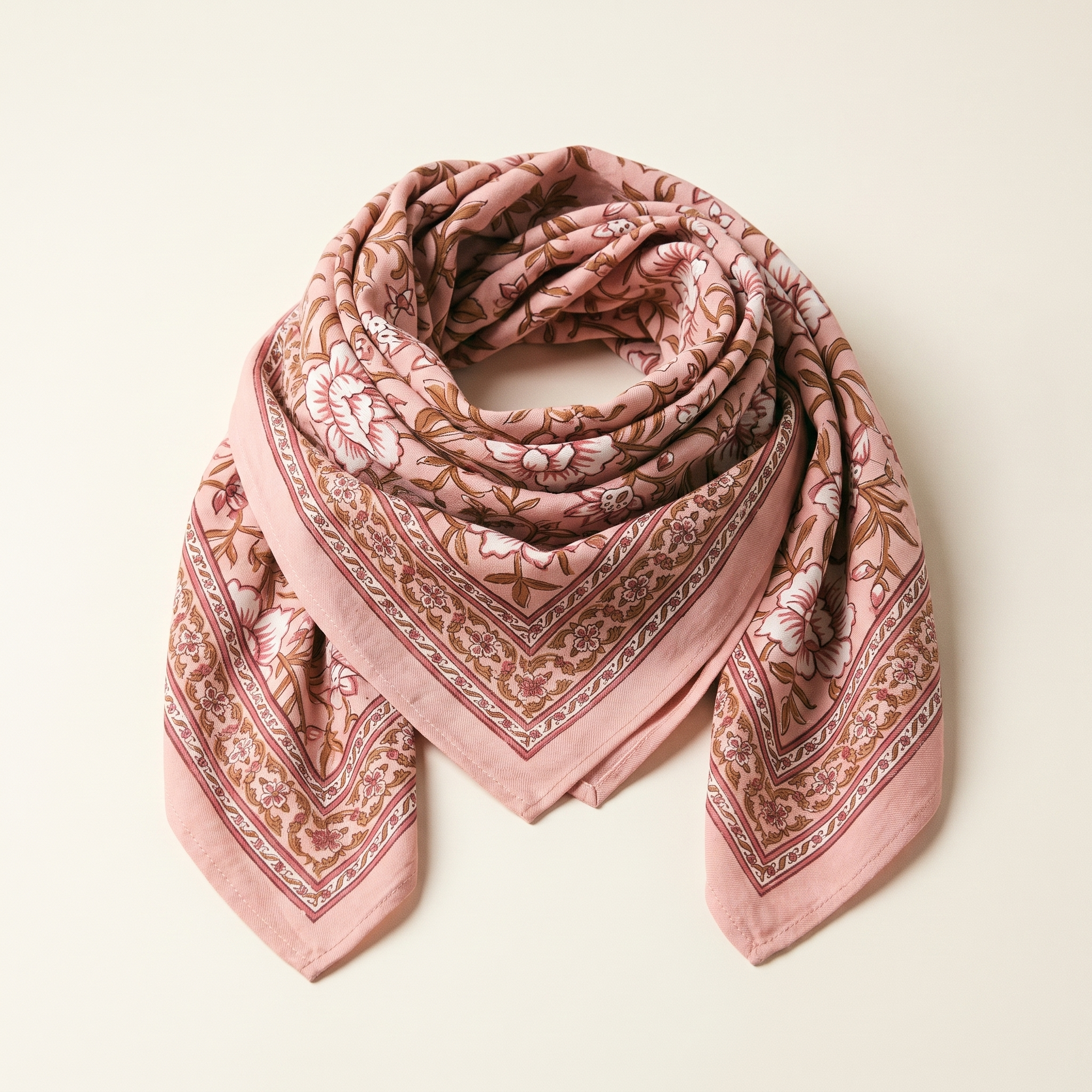 Foulard Bagru Blush en twill de coton : carré blockprint rose poudré, semis de fleurs crème et feuillage tabac, large bordure fleurie