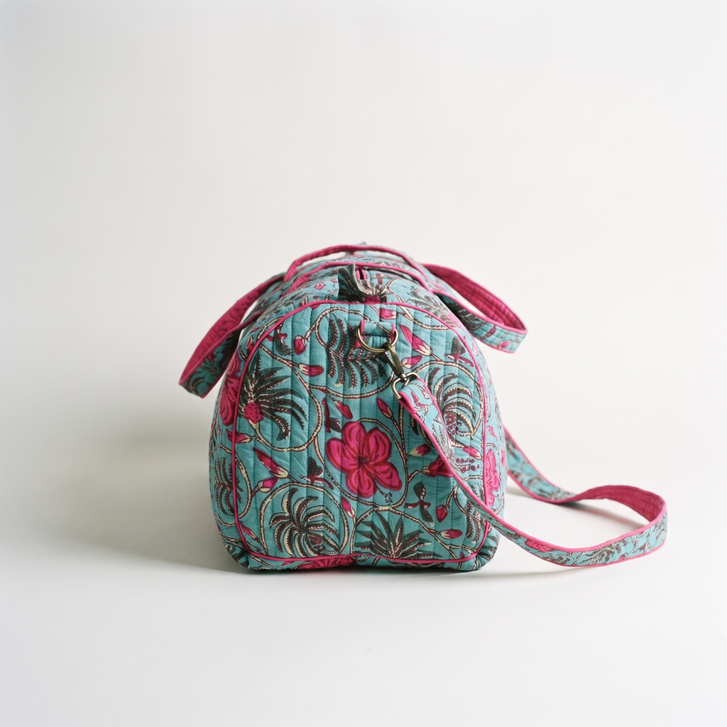 Sac week-end Nilofar vu de bout : panneau latéral arrondi bordé de fuchsia, boucle en laiton de la bandoulière