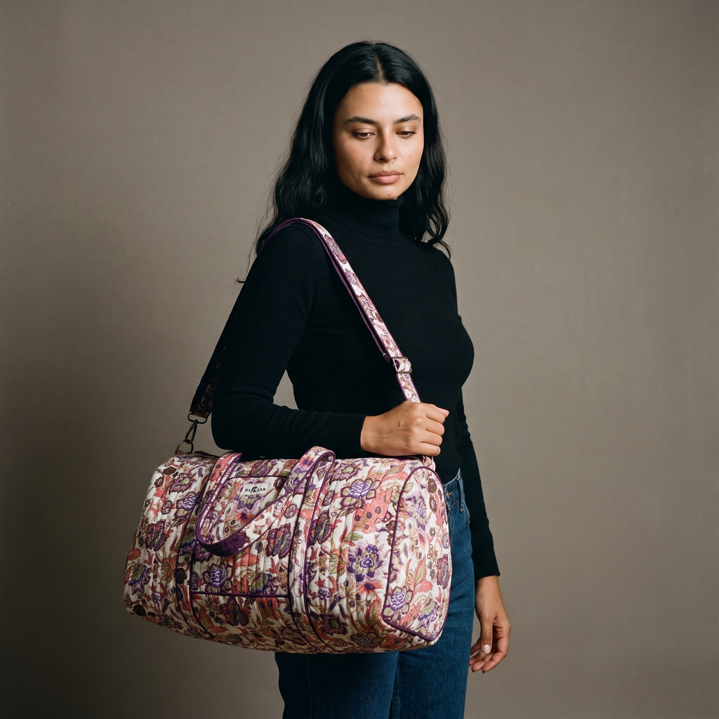 Sac week-end Ketaki porté à l’épaule par sa bandoulière réglable, sur un col roulé noir et un jean brut