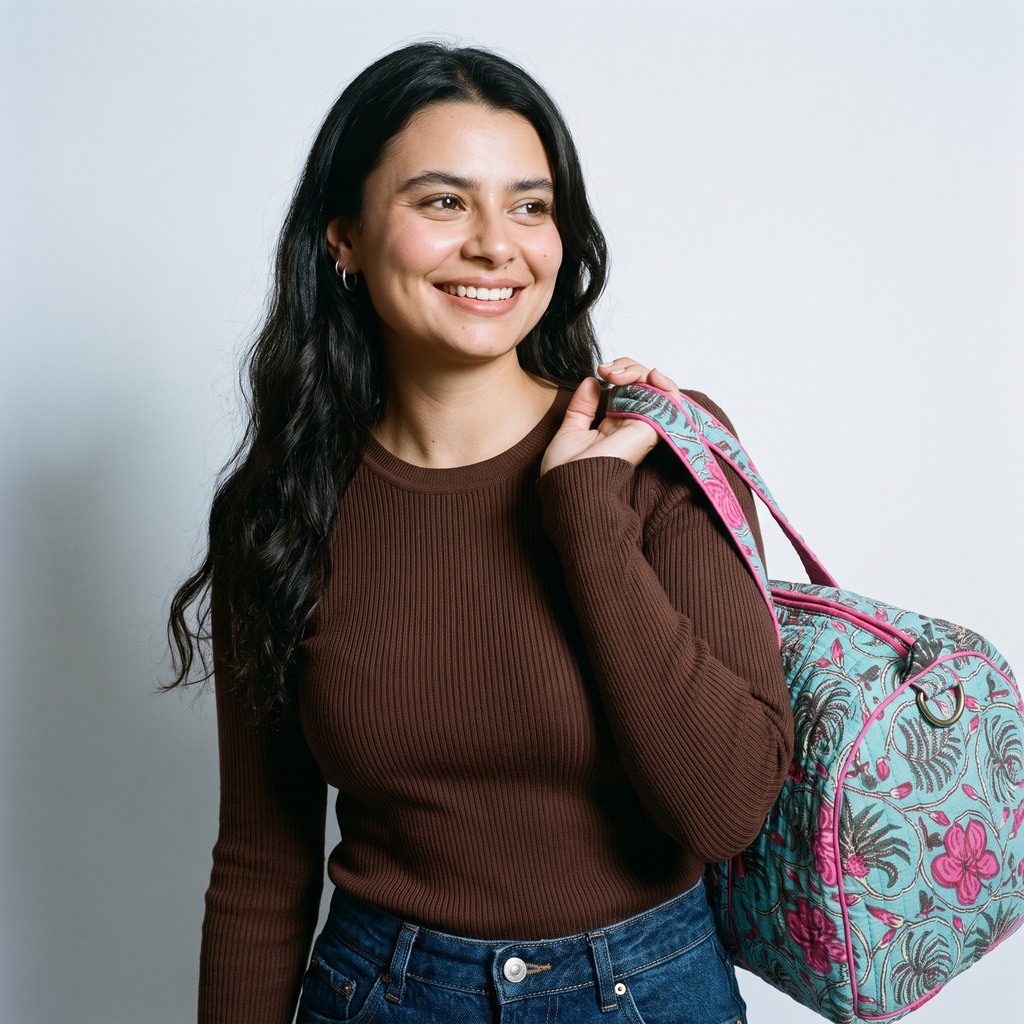 Femme souriante portant le sac week-end Nilofar à l’épaule par ses anses, blockprint turquoise et fleurs fuchsia, sur un pull chocolat
