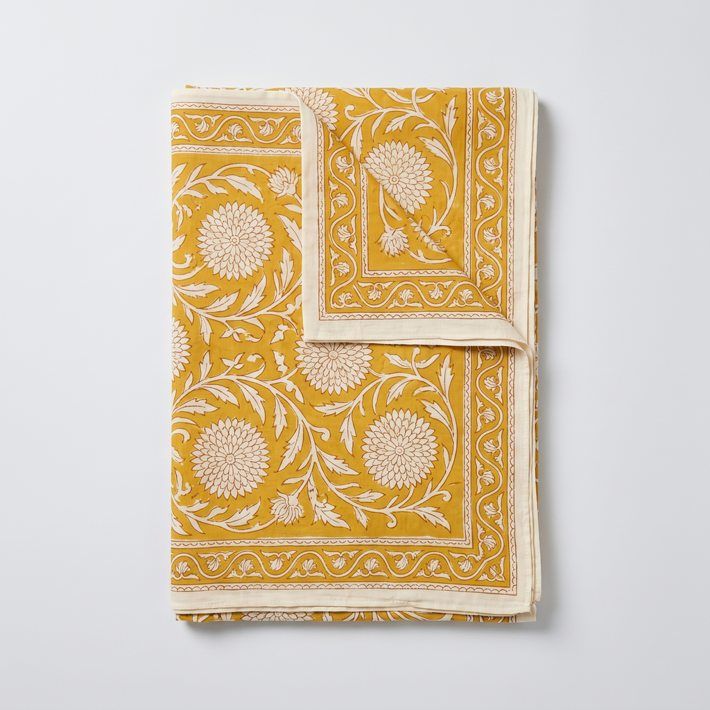 Paréo Haldi plié à plat : coton blockprint, fleurons crème réservés sur jaune curcuma, bordure à dents et liseré écru