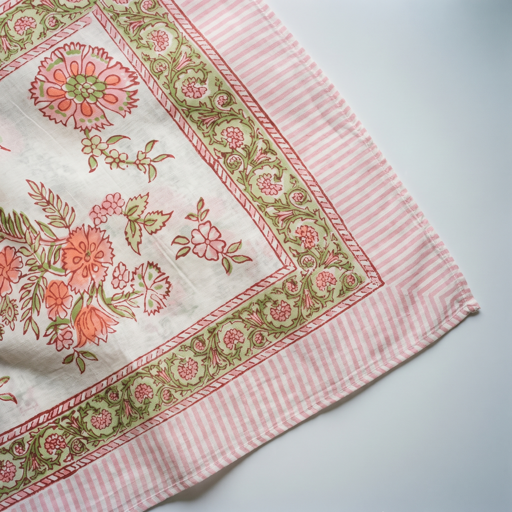 Détail du blockprint du paréo Champa : corolles corail cernées de brique, fougères vert amande et bordure rayée rose
